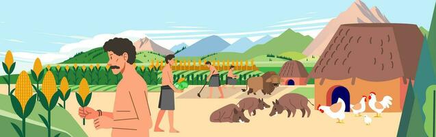 Prehistoric life of ancient human culture by farming and raising livestock to meet food needs vector illustration