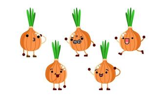 collection of cute onion character mascot illustration with different pose and facial expression vector