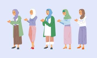 Stylish  outfit muslim women character apologizing pose ramadhan eid mubarak vector