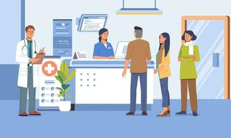 Hospital queue. Clinic reception waiting room medical office nurse receptionist doctor adult patient. Health vector illustration