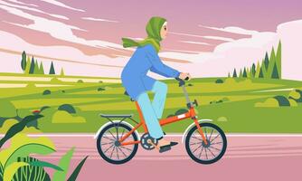 a woman riding a bicycle in a valley area in the afternoon when the sky was cloudy vector