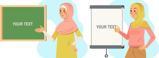 set of Muslim Hijab Teacer presenting the lesson with Board vector illustration