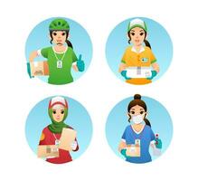 set of deliverry service girl character or mascot with different uniform and pose vector illustration