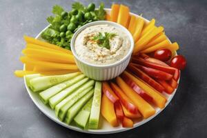 Crop shot of plate with colorful healthy sliced vegetables. AI Generated photo