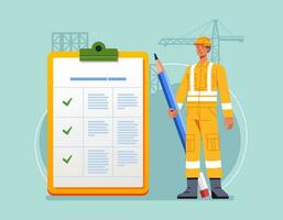 Construction worker man with giant pencil near marked checklist on clipboard Successful completion of tasks Flat vector illustration