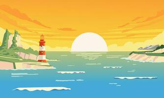 summer sunsets in the bay with a lighthouse that stands on the waterfront vector