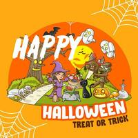 Halloween poster illustration, witch and zombie in haunted house - vector