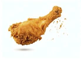 Fried chicken leg falling in the air isolated on a white background. AI Generated. photo