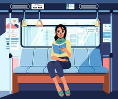 mujer pasajero solo en el tren, sentado mientras leyendo libro junto a el ventana plano vector ilustración