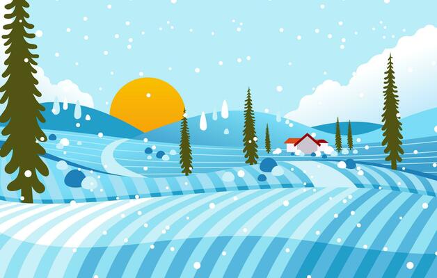 Winter Landscape illustration in countryside while  snow falling with house, tree