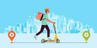 Man Courier delivery service shipping package ride electric scooter with GPS through town flat vector illustration