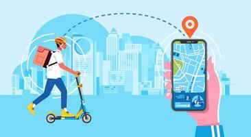 Man carriers on mobile app delivery services ride electric scooters and parcel box follow routes map vector