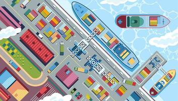 Sky View of seaports, with many cargo ship, container, heavy equipment and building. flat vector design illustration