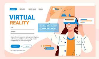 burlarse de arriba diseño sitio web plano diseño concepto virtual realidad plataforma el niña con vr lentes jugar contenido dentro vector ilustración