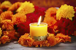 Candles and marigold flowers. Day of the dead concept dia de los muertos. AI Generated photo