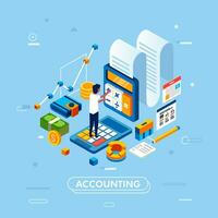 accounting management and administration concept, man doing an accounting job with calculator isometric 3d design illustration vector