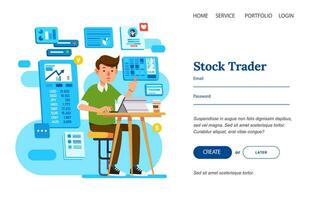 man as stock strader sitting in chair working with tablet on the table flat design vector illustration