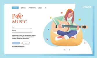 young women sitting on bean bag while palying guitar vector illustration for landing page image template