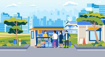 Local traditional grocery stall store Queue of people shop daily needs in suburb man merchant welcomes the custommer city background vector