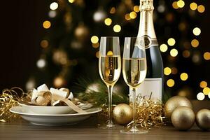 Christmas table setting with holiday decorations in gold color. AI Generated photo