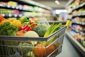 Close up of full shopping cart in grocery store. AI Generated photo