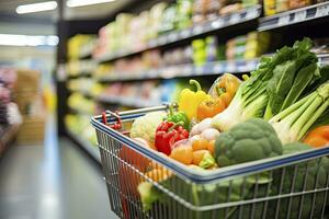 Close up of full shopping cart in grocery store. AI Generated photo