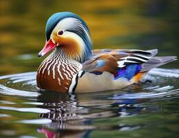 de cerca de mandarín Pato nadando en lago. generativo ai. foto