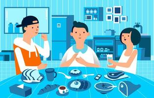 Tres personas personaje hombre y mujer desayuno juntos, comida en el mesa y monocromo cocina como antecedentes vector ilustración