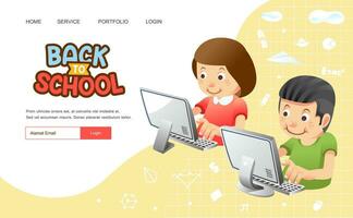 back to school banner or poster with boy and girl using computer for online study from home vector illustration