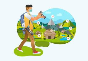 young man photographer checking his photograph on digital camera, taking picture of ethnic countryside vector illustration