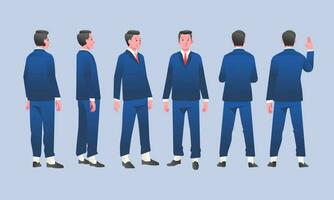 Flat design concept of Businessman character design set with different poses gestures viewpoint, side, front, back vector