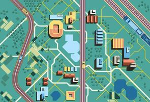 cielo ver de tráfico en el ciudad, con verde antecedentes. allí son carros en el carreteras, carretera, y trenes en el ferrocarriles plano vector ilustración