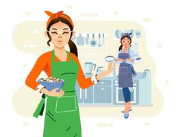 two moms cooking together in the kitchen, wearing apron and kitchen appliance as background vector