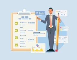 Business man with giant pencil near marked checklist on clipboard paper Successful completion of tasks chart and graph Flat vector illustration