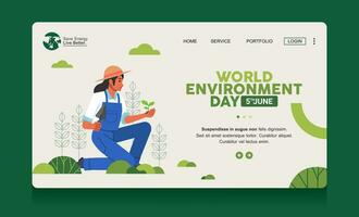 Word environment day woman planting plants care of sustainable Ecology conservation nature banner template web poster vector