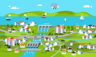 modern flat design of landscape with dam, mountain, sea, river, building, houses, ship and other vector