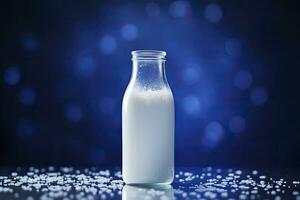 A glass bottle with full milk on blue background. AI Generated photo