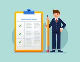 Positive business man with giant pencil near marked checklist on clipboard paper Successful completion of business tasks Flat vector illustration