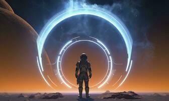 Astronaut in front of dimensional portal.  AI Generated. photo