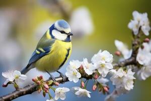 A Bluetit bird resting on the branch of a tree. AI Generated. photo