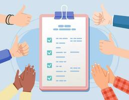 Various hands clap give congratulations thumbs up on clipboard paper Successful achievement check tasks list vector