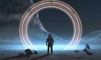 Astronaut in front of dimensional portal.  AI Generated. photo