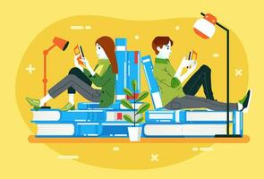 young man and women reading a book while siiting on the stack of books, illustration for international literacy day vector