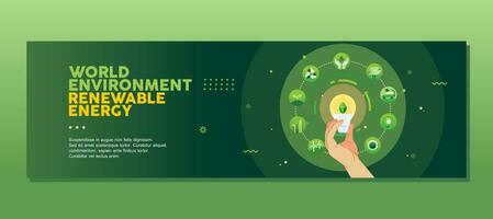 Hand holding light bulb with icons sources for sustainable development, Ecology and renewable energy concept banner template web vector