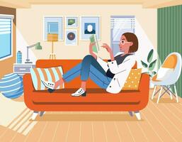 mujer leyendo un libro mientras acostado en sofá en el vivo habitación a hogar con moderno minimalista interior plano vector ilustración