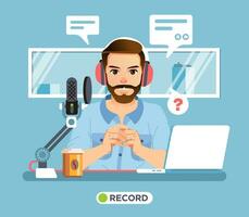 man character sitting in the radio broadcast room with michrophone, coffee, laptop on the desk and window as background vector