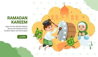 Ramadhan greeting image or landing page, the man hit the drum and women beside and mosque silhouette as background vector