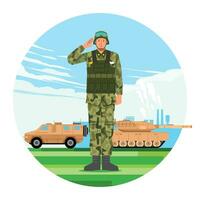 Stand by army soldier in camouflage uniform salute on military base and combat vehicle as background vector