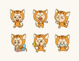 set illustration of people wearing cute cat costume with different pose and facial expression vector