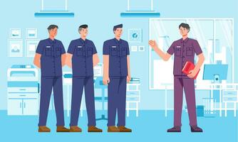 officers give briefs to subordinates at the opening of office hours flat vector illustration